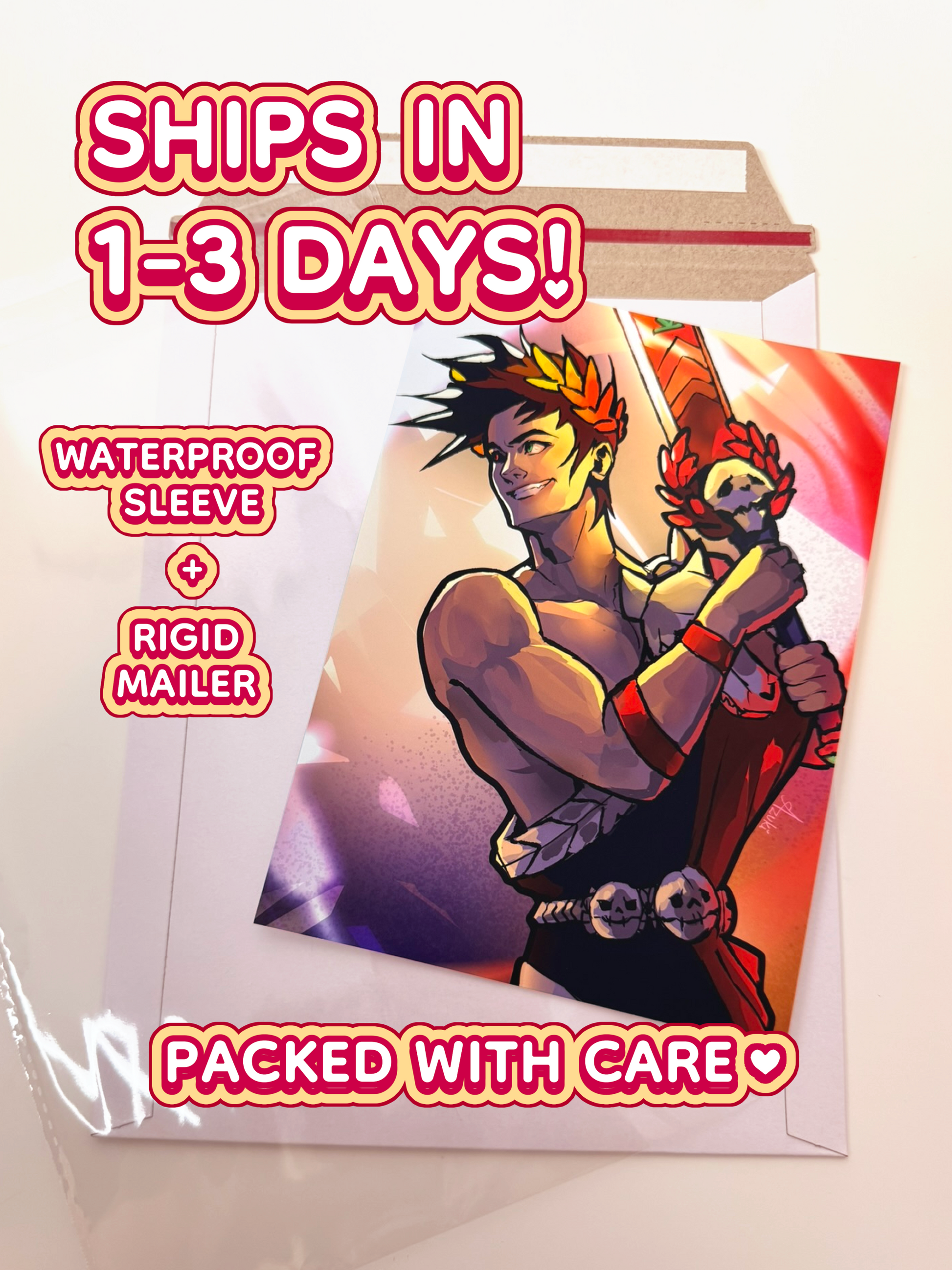 The Zagreus print ships in 1 to 3 days in a waterproof sleeve and rigid mailer.
