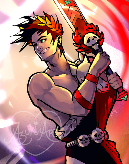 Art print of Zagreus from Hades grinning in battle, with dark red-tipped hair and a burning laurel wreath, holding the sword Stygius over his shoulder against a bright red and purple background.