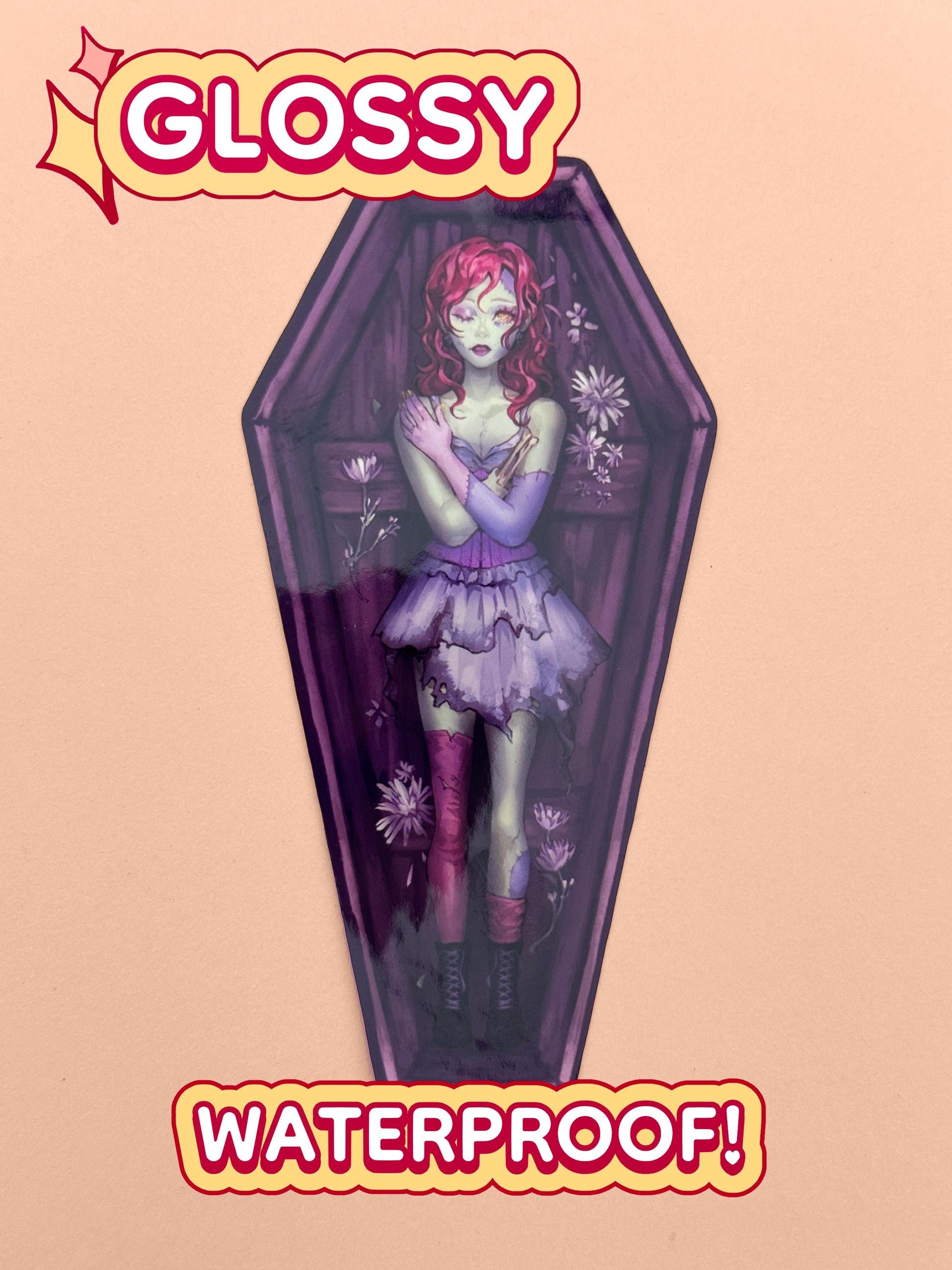 The zombie coffin girl sticker is glossy and waterproof.
