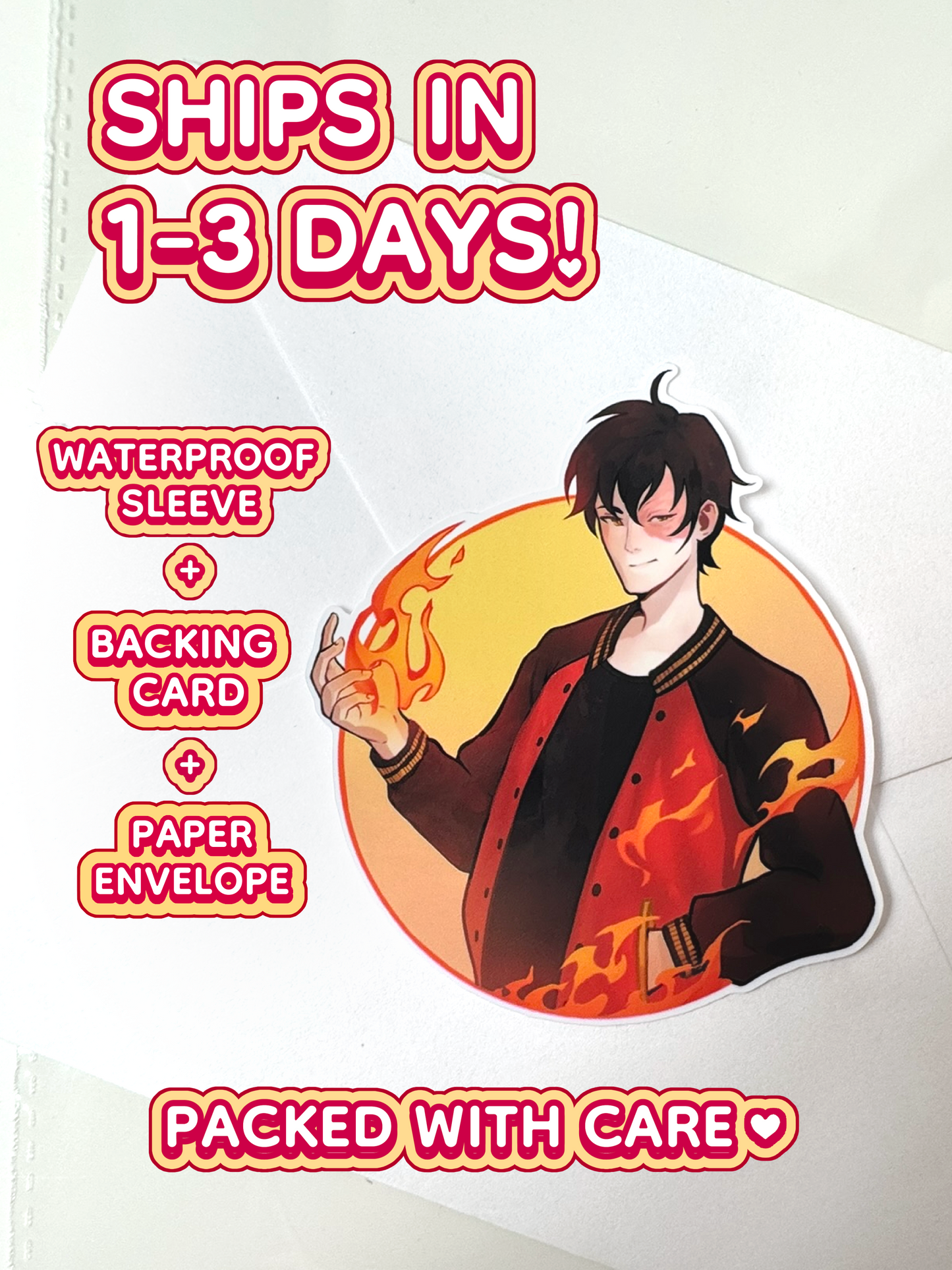 The Zuko sticker ships in 1 to 3 days in a waterproof sleeve, backing card, and paper envelope.